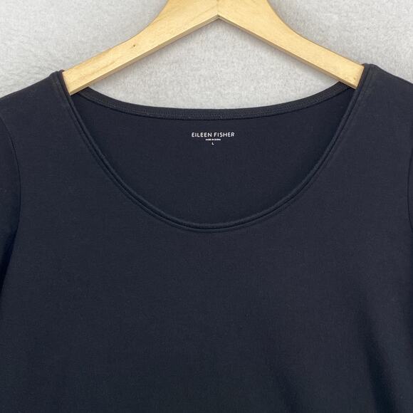 EILEEN FISHER Top L Cotton Interlock Jersey Scoop Neck 3/4 Sleeve Black - Picture 4 of 11
